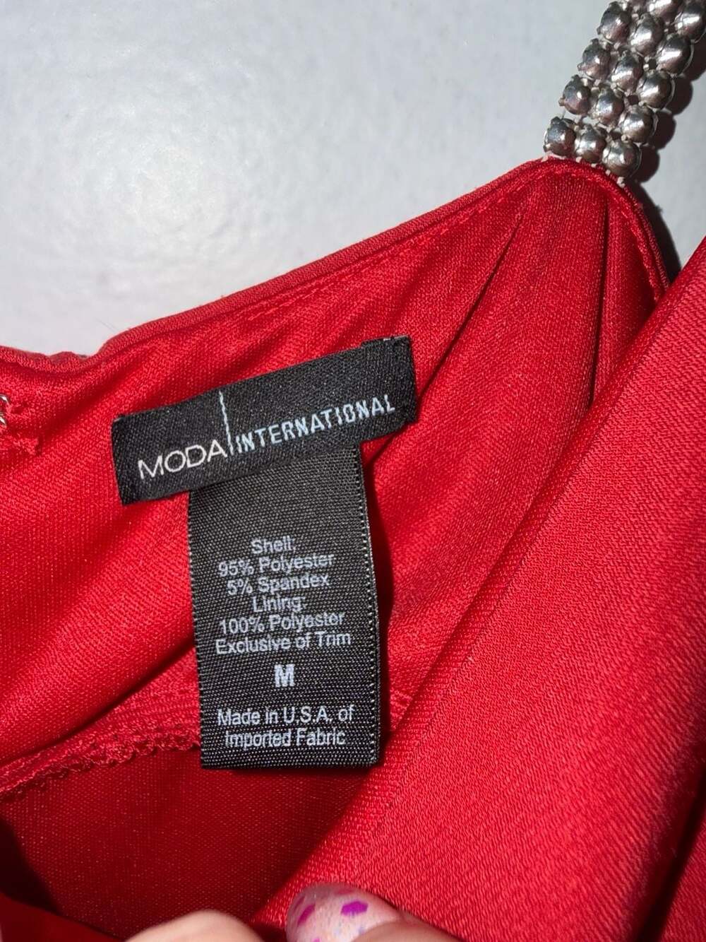 Moda International Red Ruched Bodycon Midi Dress With Rhinestone Chain Straps - Picture 3 of 3
